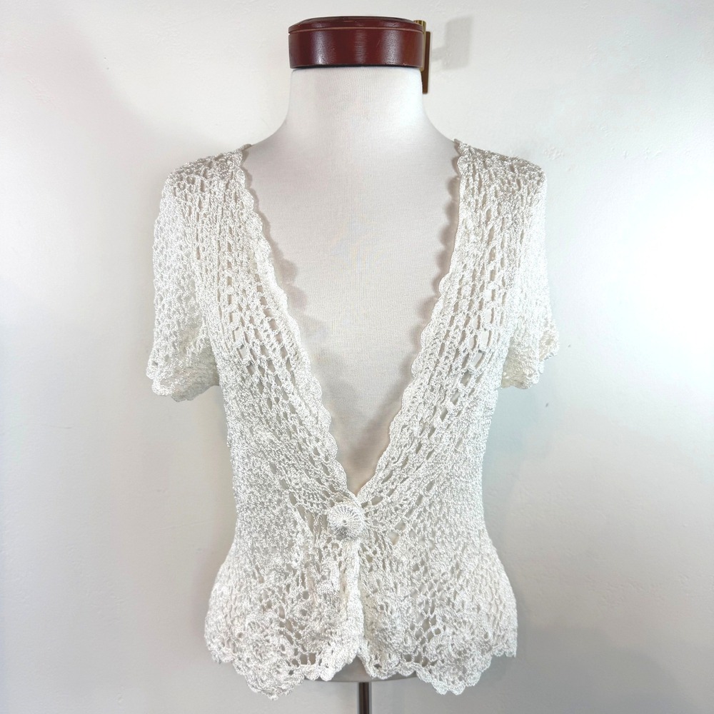 SHU SHU Crochet Lace Cardigan White Scalloped Boho Coquette Button Knit L / XL